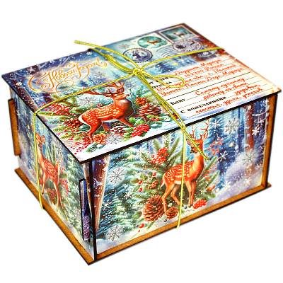 Детский новогодний подарок в упаковке из дерева весом 700 грамм 